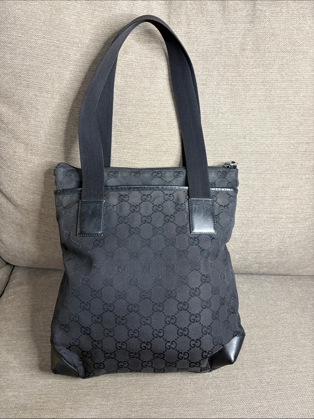 Gucci Black GG Canvas Leather Trim Tote Shoulder Bag with COA - Picture 3 of 13